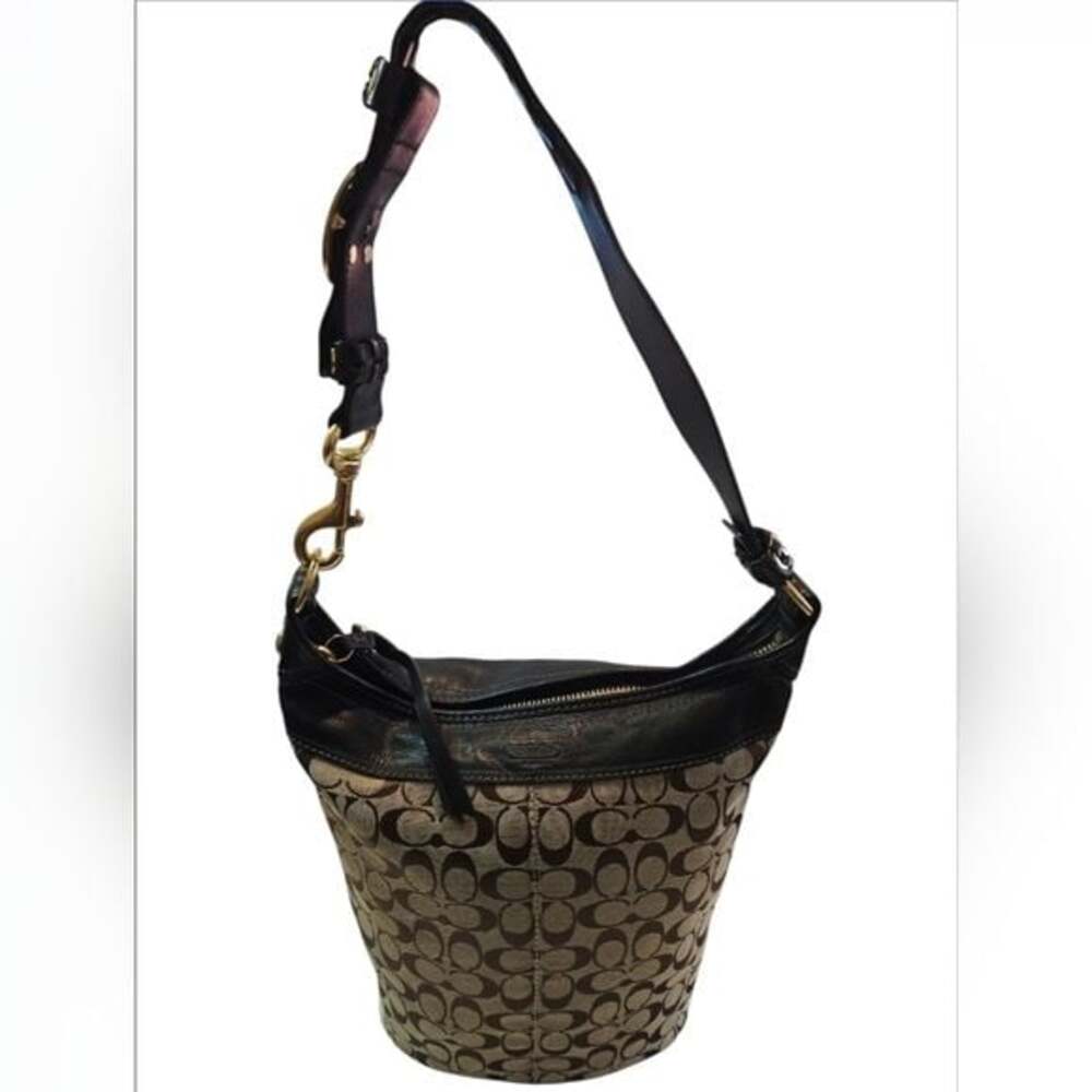 Coach Bleecker Brown Canvas Black Leather Trim Bucket Crossbody Shoulder Bag EUC
